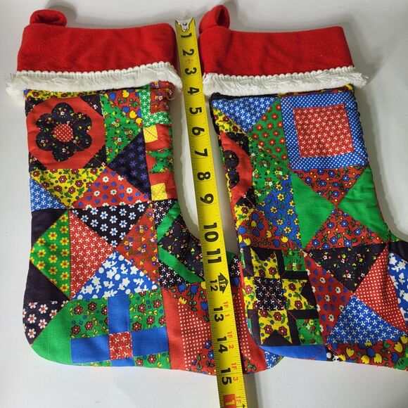 Vintage Patchwork Christmas Stocking Primitive Farmhouse Fringe Set of 2 - Picture 12 of 16